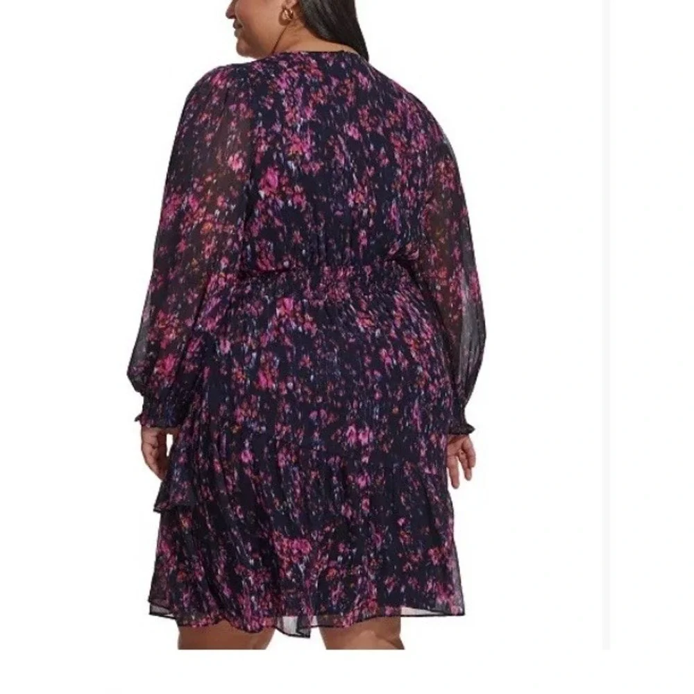DKNY Plus Size Printed Blouson-Sleeve Fit & Flare Dress Sz 20W New Blue $139